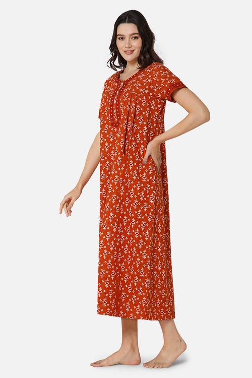 Naidu Hall A-line Front Open Women's Nighty Full Length Half Sleeve  - Orange - R135