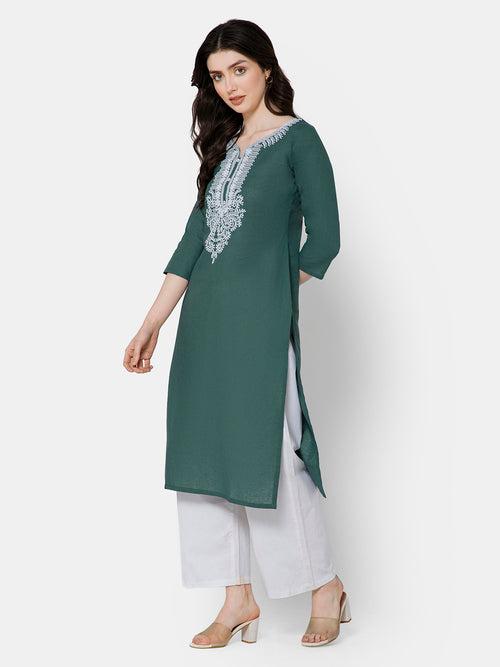 Mythri Women's Casual Kurthi with Elaborately Embroidered Neckline - Green - E027