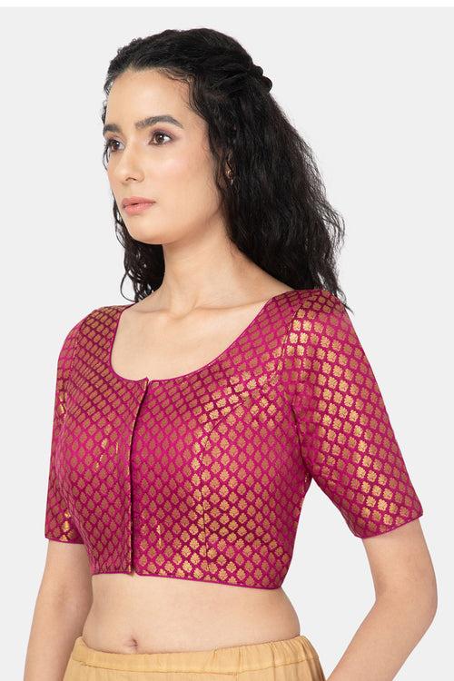 Naidu Hall Ethnic Jacquard Saree Blouse with Round Neck Elbow Sleeves - Magenta