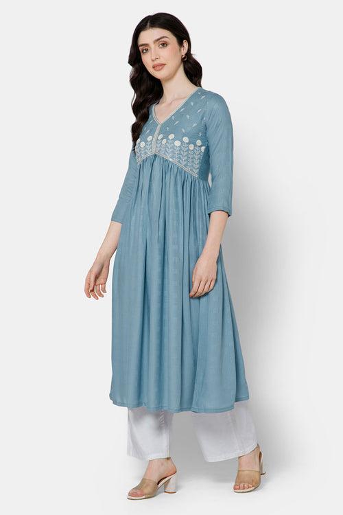 Mythri Women's Ethnic wear Kurthi with Elegant Lace Attachement At The Neckline - Blue - E081