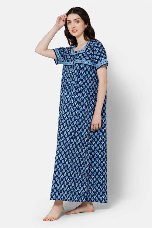 Naidu Hall Pleated Women's Nighty Full Length Half Sleeve  - Navy Blue - R134