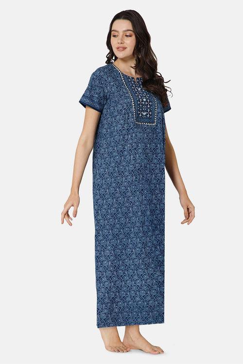 Naidu Hall A-line Women's Nighty Full Length Half Sleeve  - Blue - R136