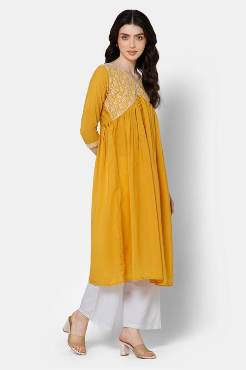 Mythri Women's Ethnic wear Kurthi with Elaborately Embroidered Front Yoke Design - Yellow - E071