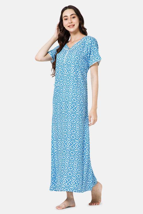 Naidu Hall Cotton Round Neck V Variation Short Sleeve Nighty - Blue - NT46