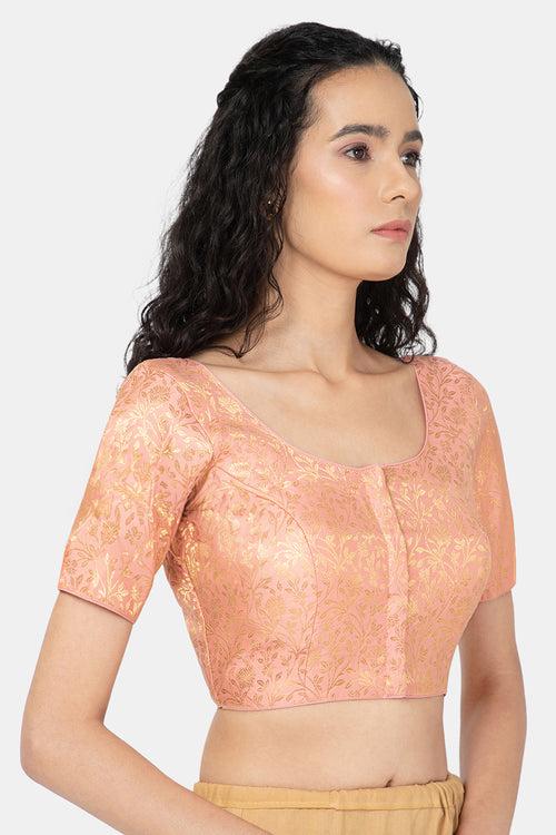 Naidu Hall Ethnic Jacquard Saree Blouse with Round Neck Elbow Sleeves - Peach