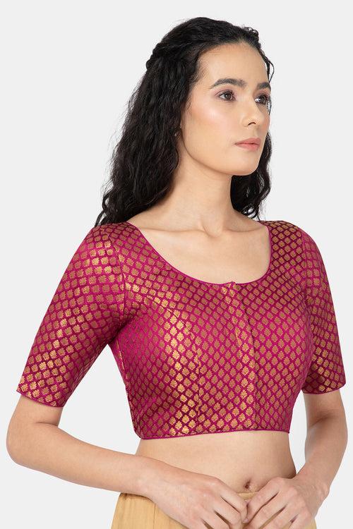 Naidu Hall Ethnic Jacquard Saree Blouse with Round Neck Elbow Sleeves - Magenta