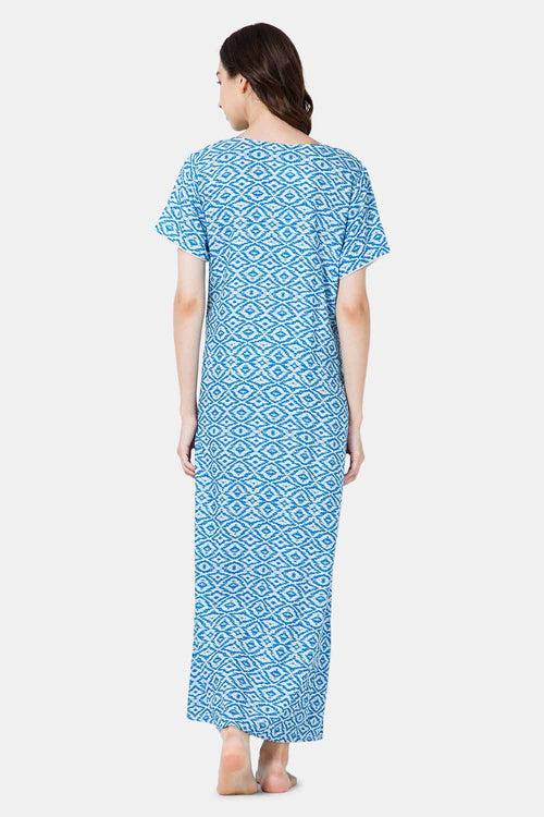 Naidu Hall Cotton Round Neck V Variation Short Sleeve Nighty - Blue - NT46