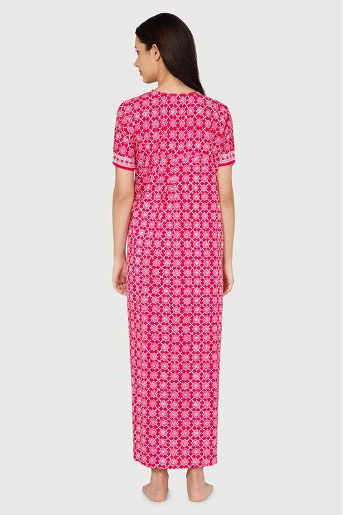 Naidu Hall A-line Women's Nighty Full Length Half Sleeve  - Pink - R136