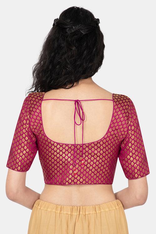 Naidu Hall Ethnic Jacquard Saree Blouse with Round Neck Elbow Sleeves - Magenta