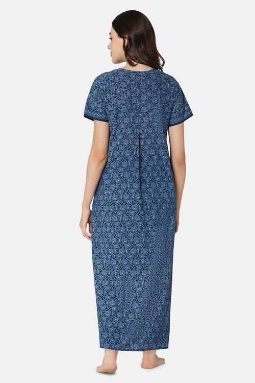 Naidu Hall A-line Women's Nighty Full Length Half Sleeve  - Blue - R136