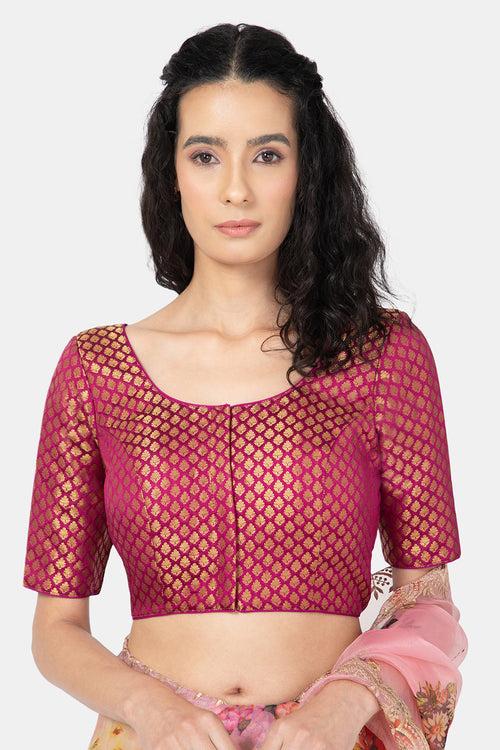 Naidu Hall Ethnic Jacquard Saree Blouse with Round Neck Elbow Sleeves - Magenta