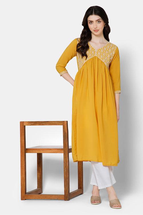 Mythri Women's Ethnic wear Kurthi with Elaborately Embroidered Front Yoke Design - Yellow - E071