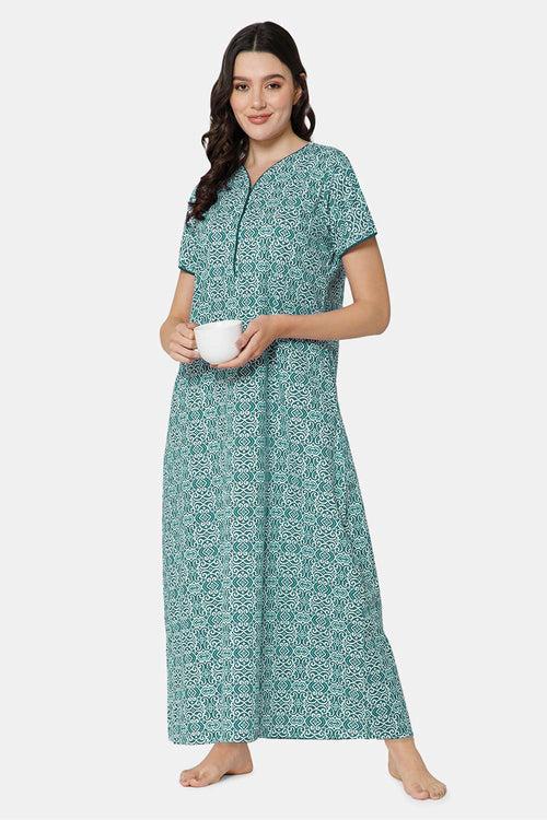 Naidu Hall A-line Front Open Women's Nighty Full Length Half Sleeve  - Green - R119