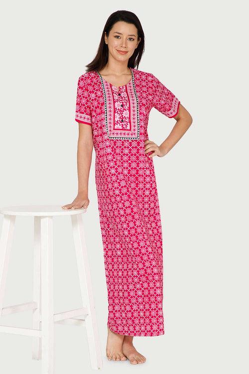 Naidu Hall A-line Women's Nighty Full Length Half Sleeve  - Pink - R136