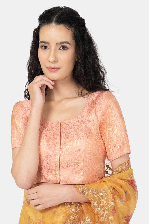 Naidu Hall Ethnic Jacquard Saree Blouse with Round Neck Elbow Sleeves - Peach