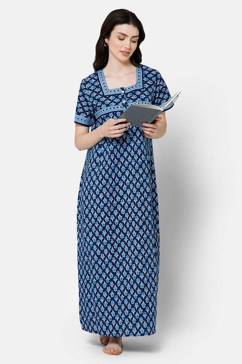 Naidu Hall Pleated Women's Nighty Full Length Half Sleeve  - Navy Blue - R134