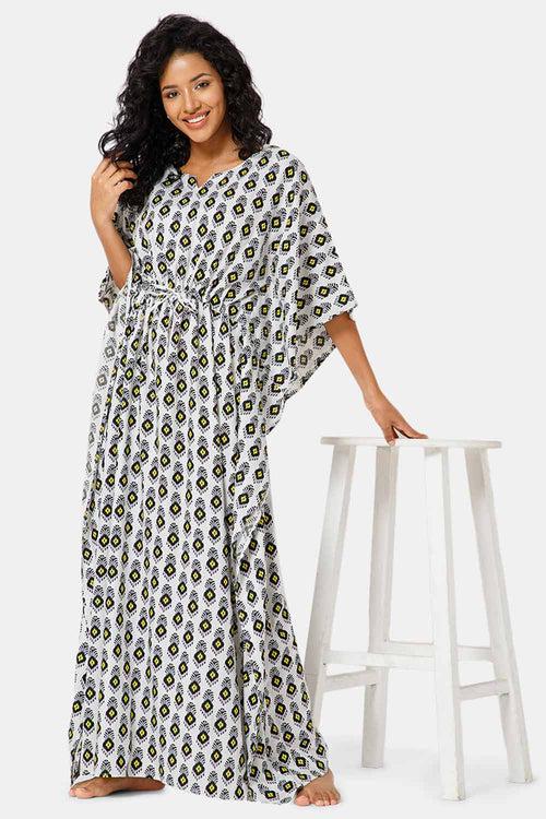 Naidu Hall  Round Neck Kaftan Style Printed Nighty-Black White - NT27