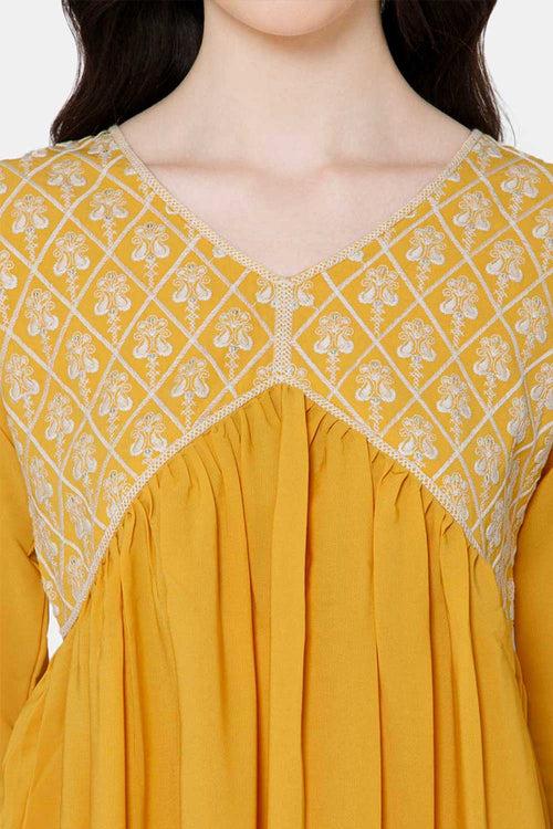 Mythri Women's Ethnic wear Kurthi with Elaborately Embroidered Front Yoke Design - Yellow - E071