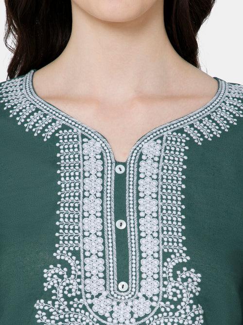 Mythri Women's Casual Kurthi with Elaborately Embroidered Neckline - Green - E027