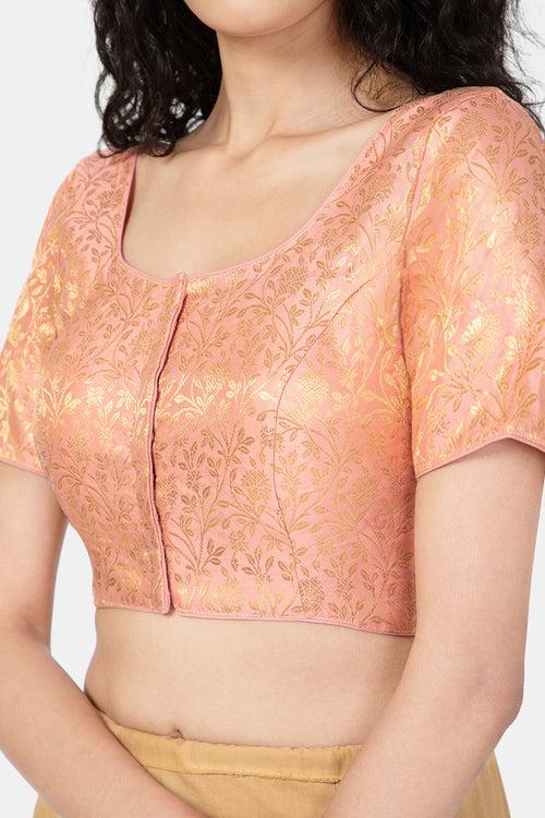 Naidu Hall Ethnic Jacquard Saree Blouse with Round Neck Elbow Sleeves - Peach