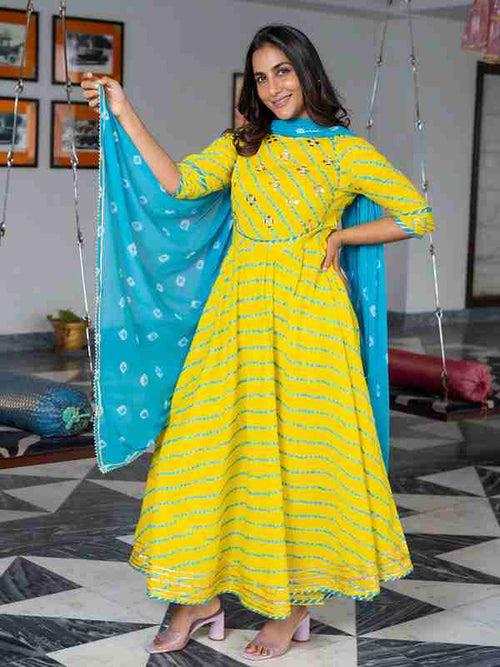 A-Line Yellow Leheriya Kurti With Pant & Dupatta Set