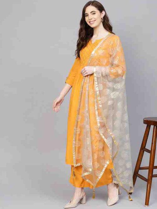 Mustard & Grey Yoke Design Kurta With Palazzos & Net Dupatta