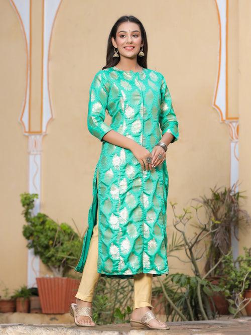 Green Ethnic Printed Brocade Straight Kurta