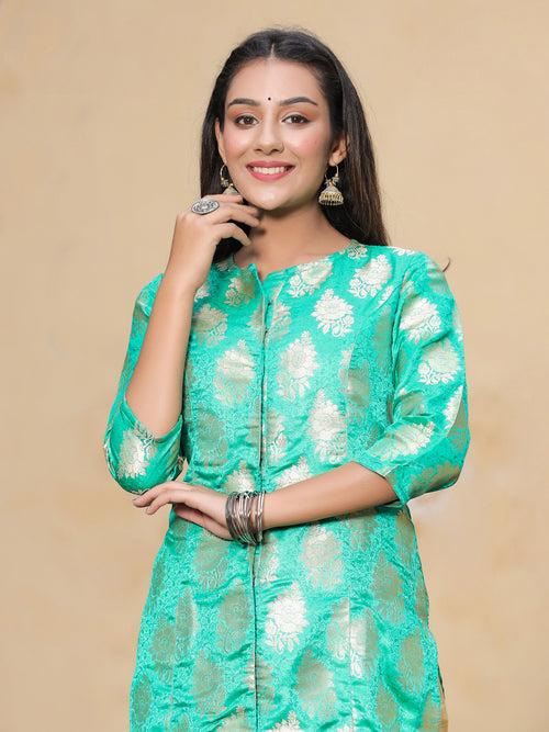 Green Ethnic Printed Brocade Straight Kurta