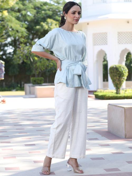 Light Blue Color Self Weaved Embellished Top With Tie-Up Belt