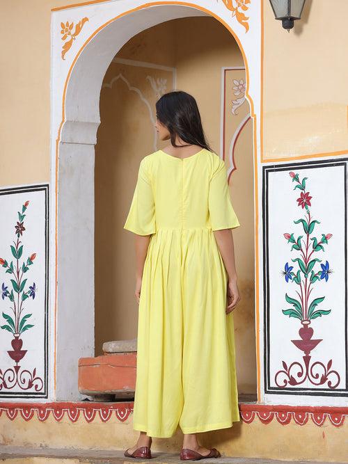 Yellow Solid Rayon Pleated Jumpsuit