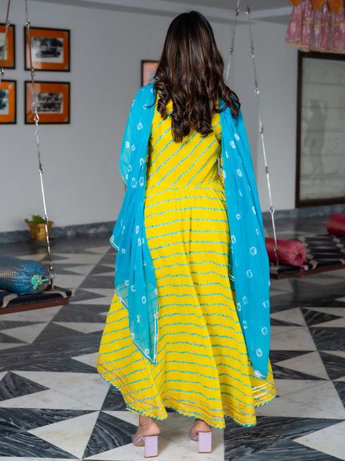 A-Line Yellow Leheriya Kurti With Pant & Dupatta Set