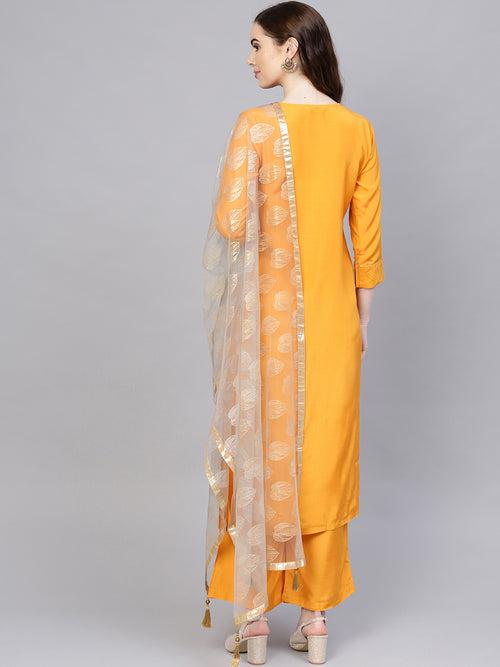 Mustard & Grey Yoke Design Kurta With Palazzos & Net Dupatta