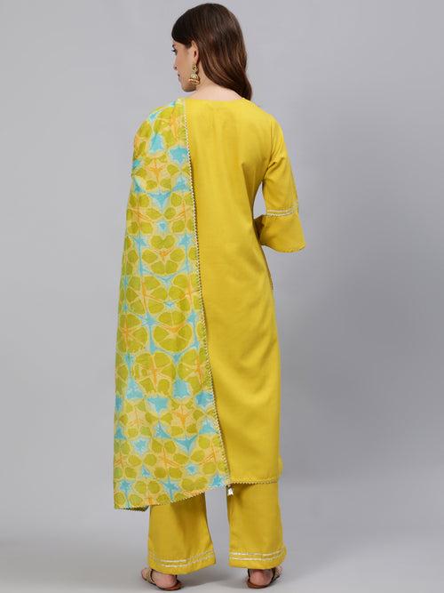 Mustard Solid Embroidered Poly Silk Kurta With Palazzos & Chanderi Dupatta