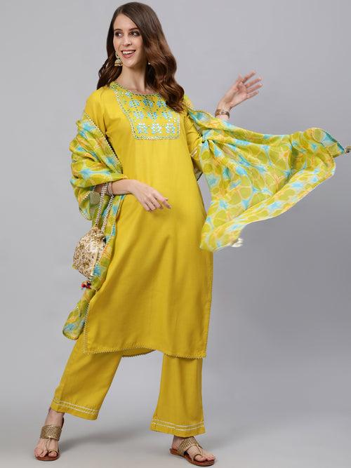 Mustard Solid Embroidered Poly Silk Kurta With Palazzos & Chanderi Dupatta