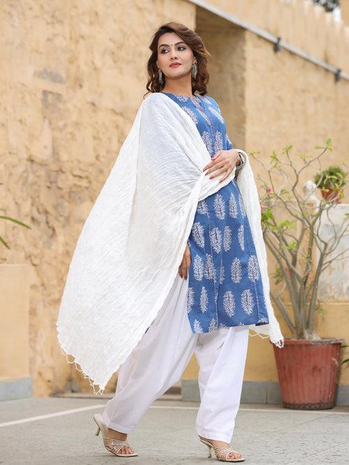 Blue Ethnic Motif Straight Cotton Kurta With Salwar And Dupatta