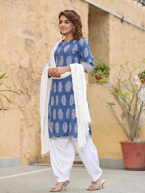 Blue Ethnic Motif Straight Cotton Kurta With Salwar And Dupatta