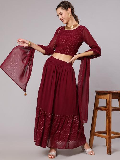 Maroon Georgette Gold Print Embellished Lehnga Has Crop Top, Skirt And Dupatta