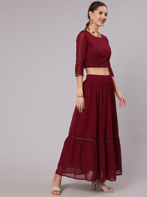 Maroon Georgette Gold Print Embellished Lehnga Has Crop Top, Skirt And Dupatta