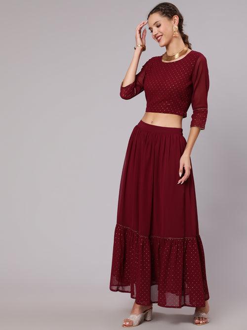 Maroon Georgette Gold Print Embellished Lehnga Has Crop Top, Skirt And Dupatta