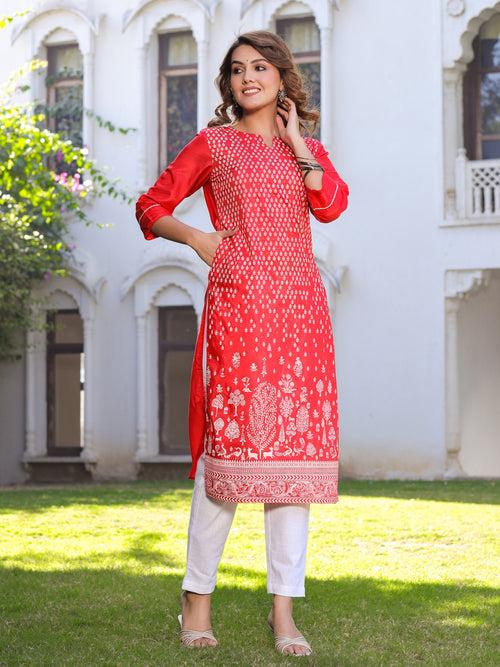 Red Ethnic Motifs Straight Silk Blend Kurta With Pants