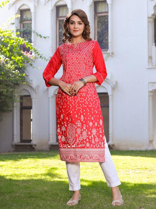 Red Ethnic Motifs Straight Silk Blend Kurta With Pants