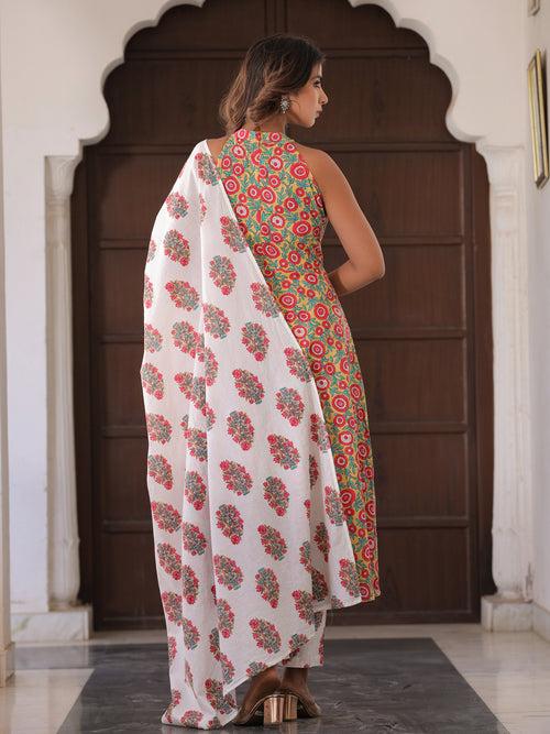 A-Line Flared Ethnic Print Kurta With Pants & Dupatta