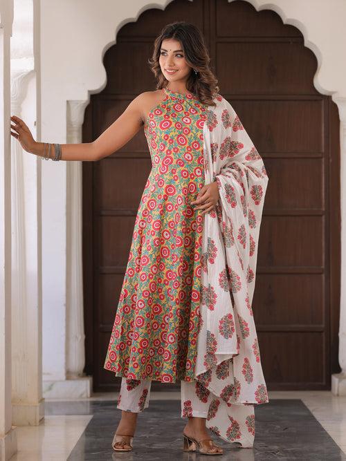 A-Line Flared Ethnic Print Kurta With Pants & Dupatta