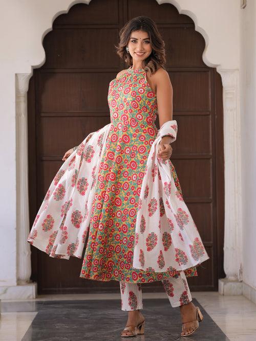 A-Line Flared Ethnic Print Kurta With Pants & Dupatta