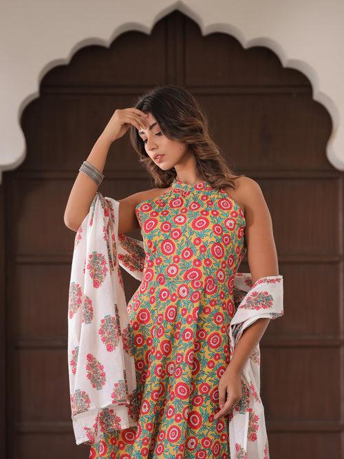 A-Line Flared Ethnic Print Kurta With Pants & Dupatta