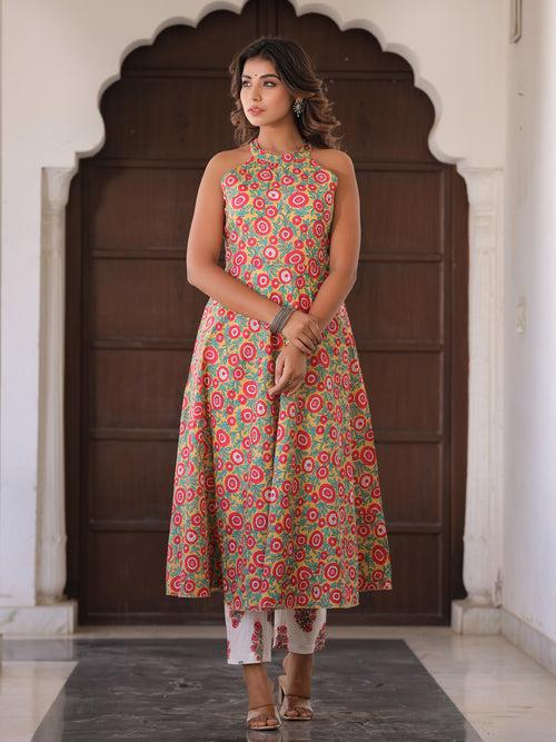 A-Line Flared Ethnic Print Kurta With Pants & Dupatta