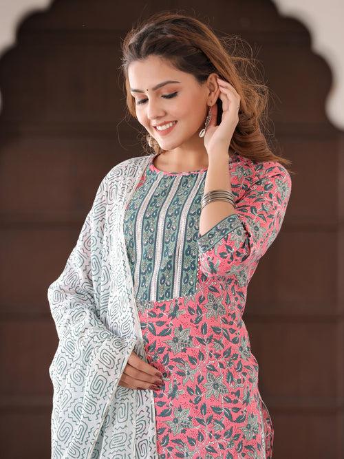 Pink Printed Straight Gota Work Kurta With Palazzos & Dupatta