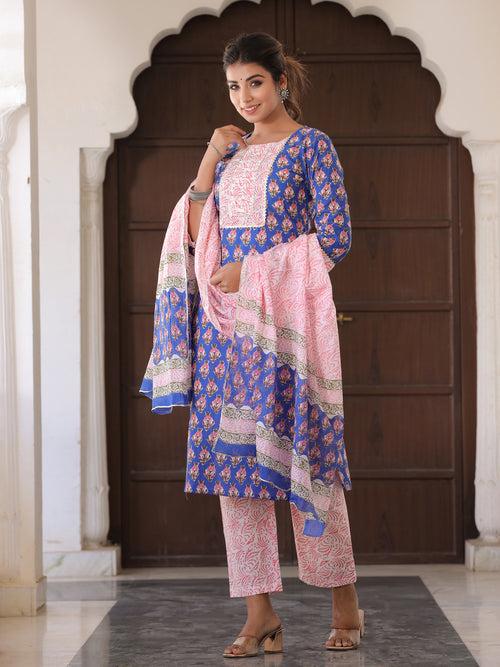 Blue Ethnic Motifs Print Cotton Kurta With Palazzos & Dupatta