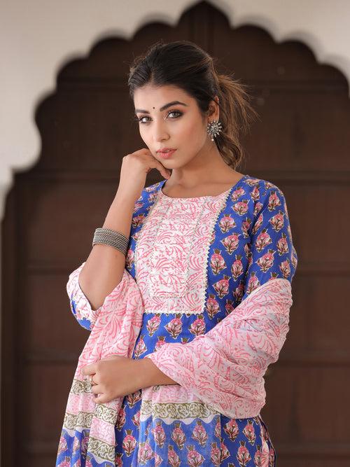 Blue Ethnic Motifs Print Cotton Kurta With Palazzos & Dupatta