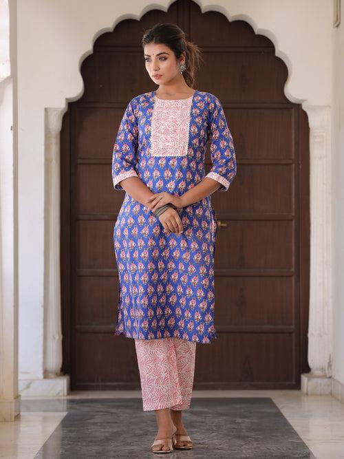 Blue Ethnic Motifs Print Cotton Kurta With Palazzos & Dupatta